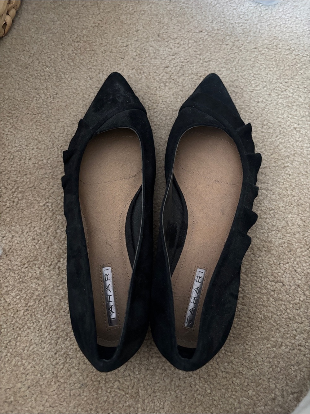 Tahari Black Pointed-Toe Ruffle-Trim Ballet Flats